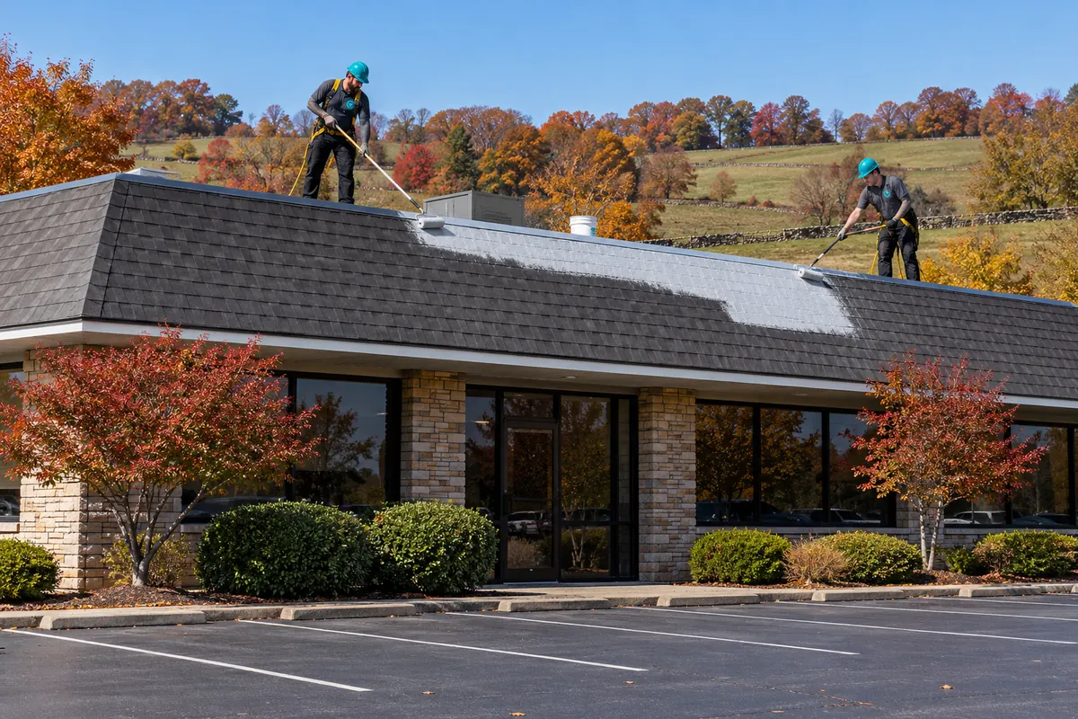 Crew coating the shingle roof of a brick office building