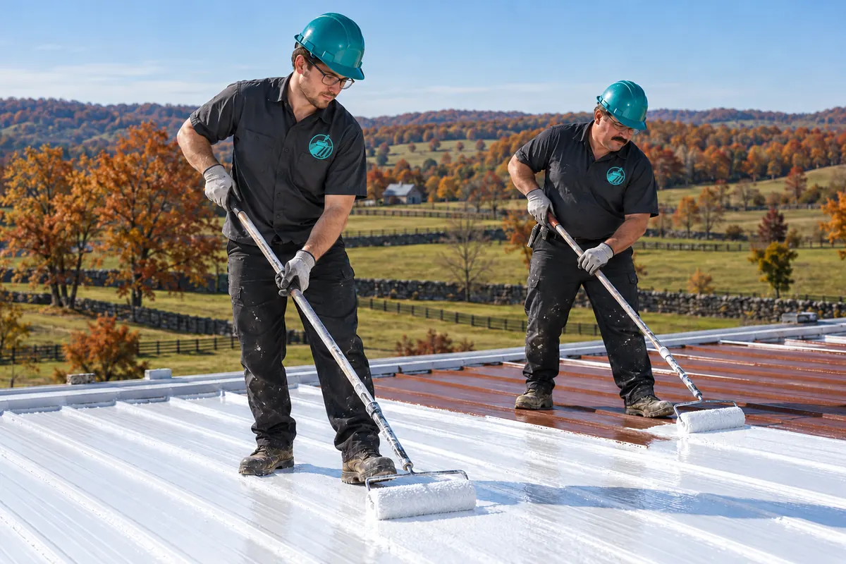 Two roofers in logo uniforms rolling white coating over a red metal roof near Bardstown, KY
