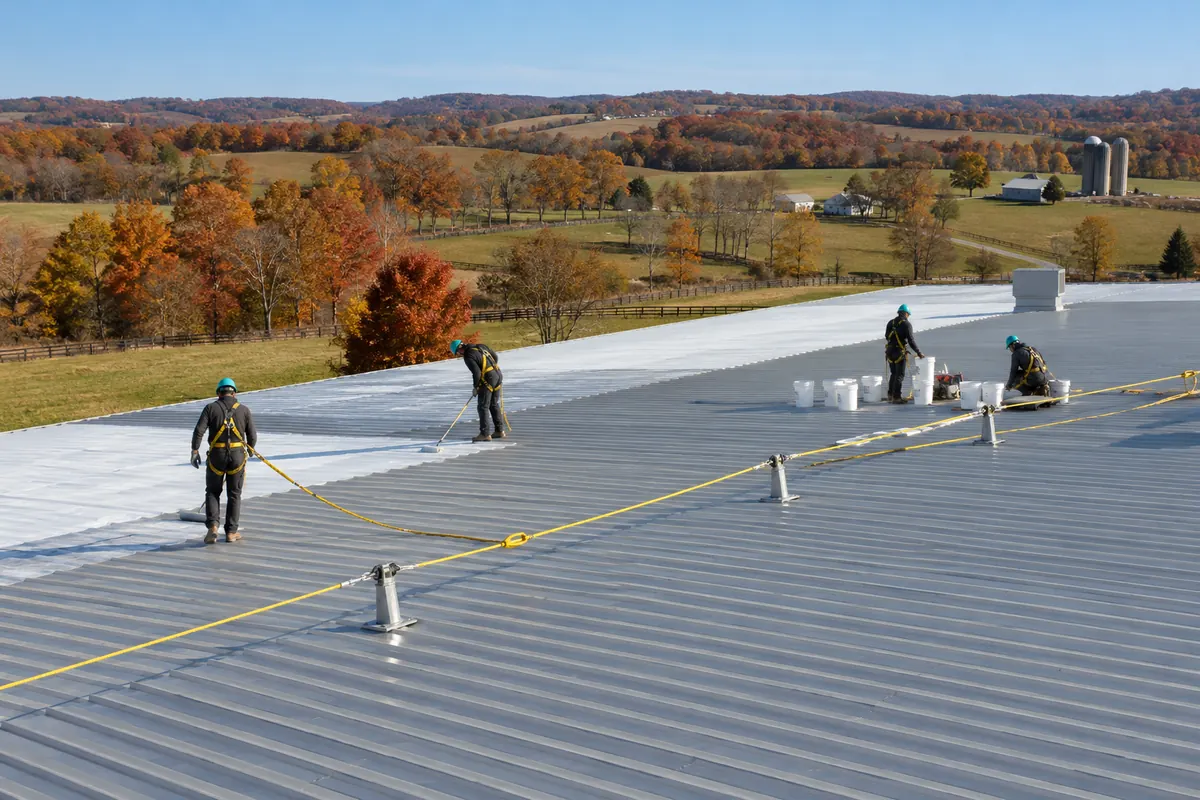 Crew in logo uniforms staging coating pails on a metal roof with a safety line rigged
