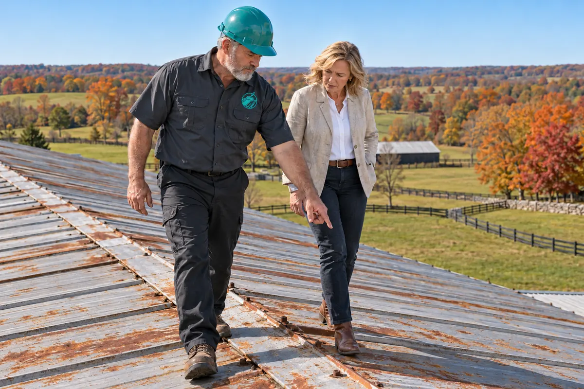 Roofer in a logo uniform walking a rusty metal roof with the building owner