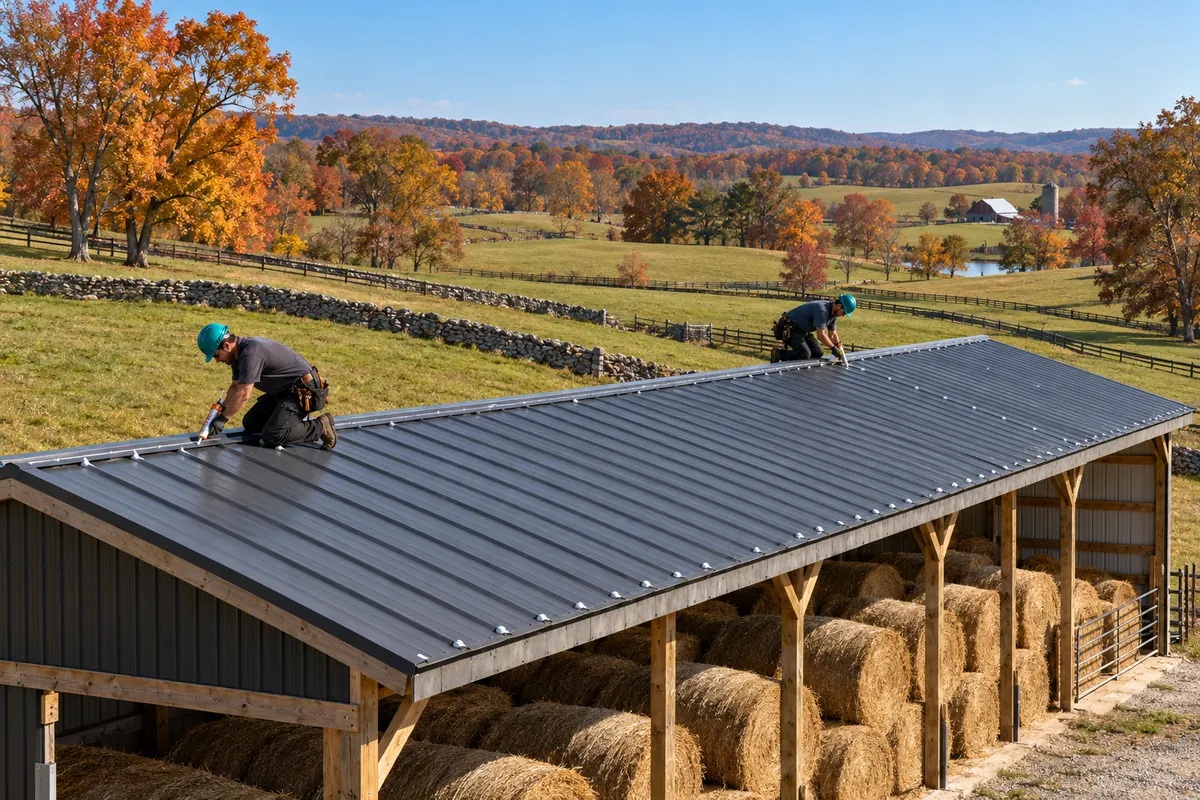 Roofers sealing seams on a pole barn metal roof in Nelson County
